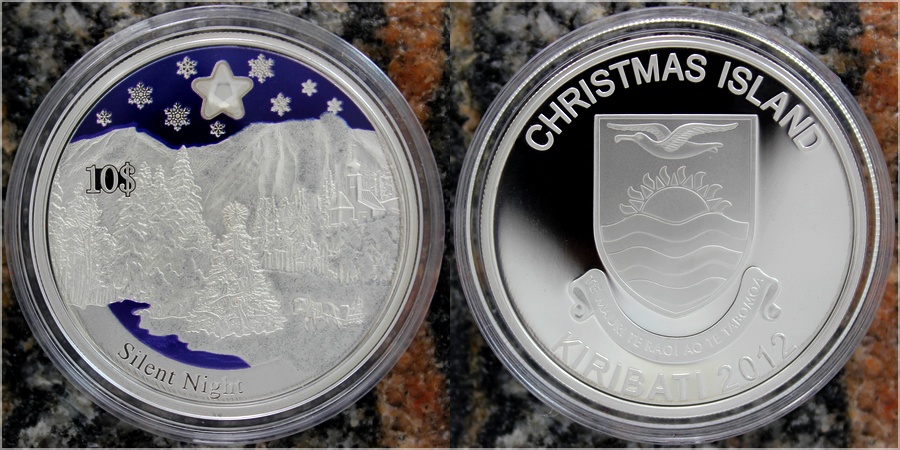 Zadní strana Strieborná minca Silent Night Vianočné mince 1 Oz 2012 Proof