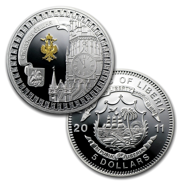 Strieborná pozlátená minca Spasská veža Kremlin Series 2011 Proof