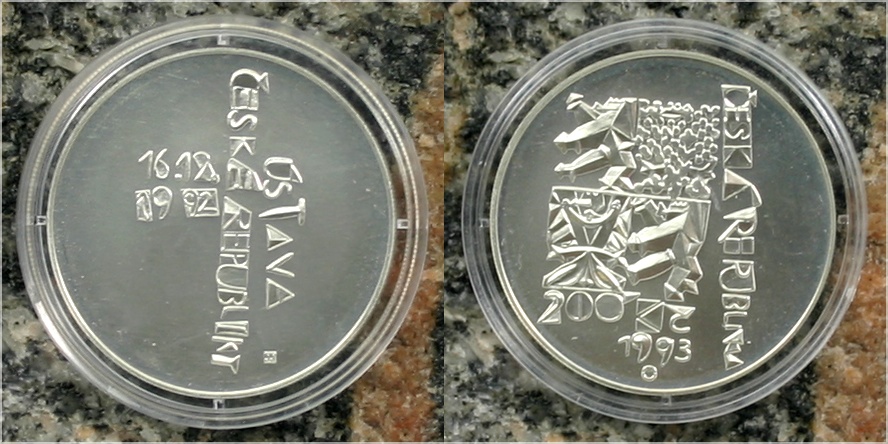 Stříbrná mince 200 Kč Schválení Ústavy České republiky 1.výročí 1993 Standard
