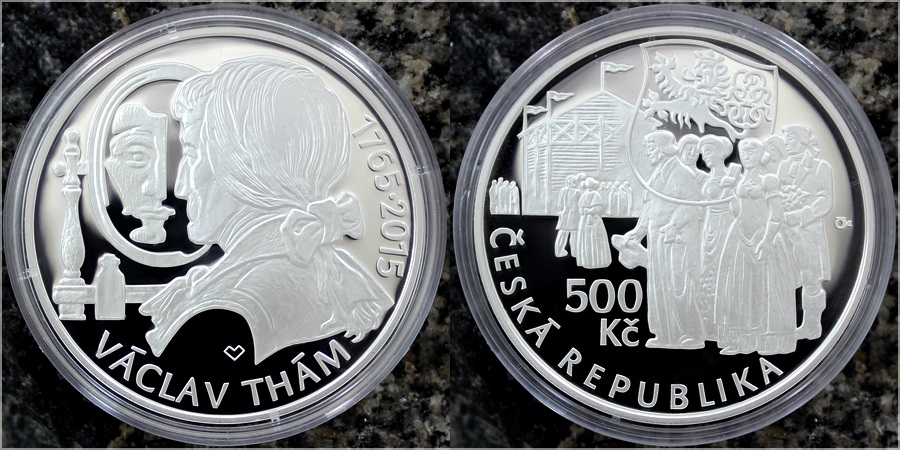 Zadní strana Stříbrná mince 500 Kč Václav Thám 250. výročí narození 2015 Proof