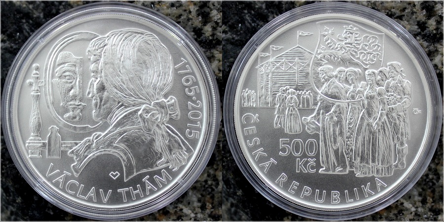 Zadní strana Stříbrná mince 500 Kč Václav Thám 250. Výročí narození 2015 Standard