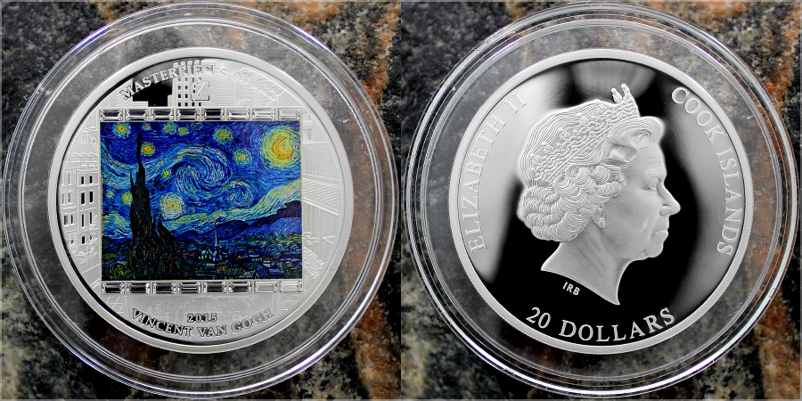 Stříbrná mince 3 Oz Hvězdná noc Vincent van Gogh 2015 Krystaly Proof
