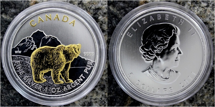 Stříbrná mince pozlacený Grizzly Canadian Wildlife 1 Oz 2011 Standard