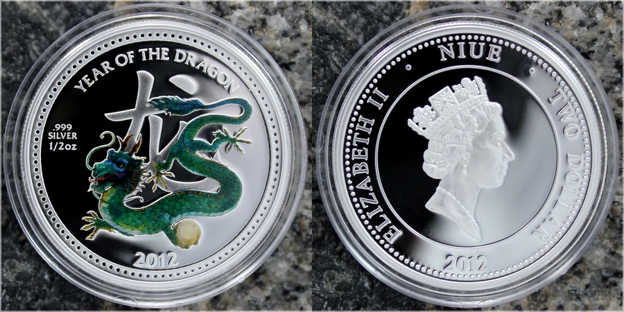 Stříbrná mince kolorovaný Year of the Dragon Rok Draka 2012 Niue Proof