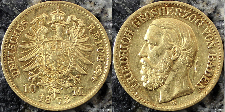 Zlatá mince 10 Marka Fridrich I. Bádenský 1873