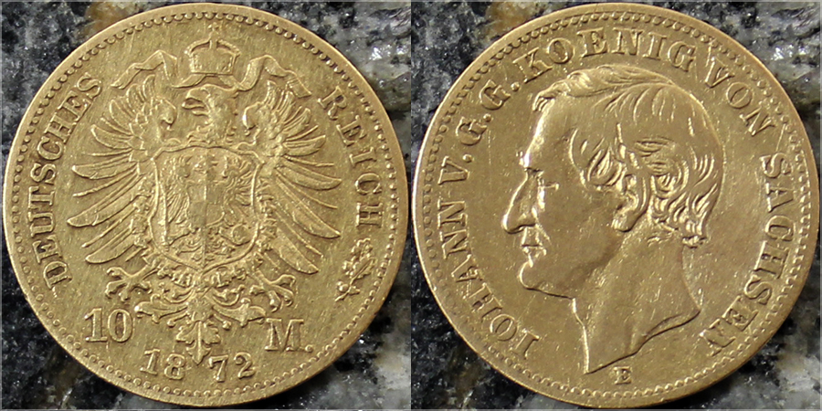 Zlatá mince 10 Marka Jan I. Saský 1872