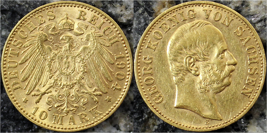 Zlatá mince 10 Marka Jiří I. Saský 1904