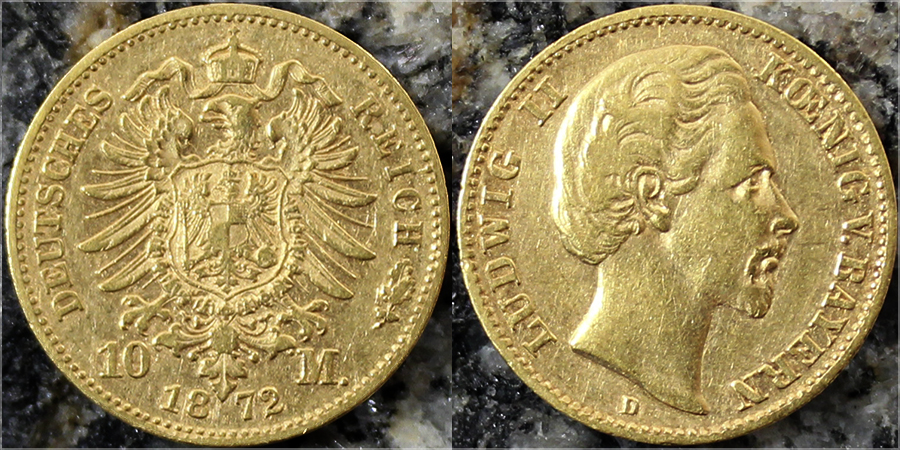 Zlatá mince 10 Marka Ludvík II. Bavorský 1872