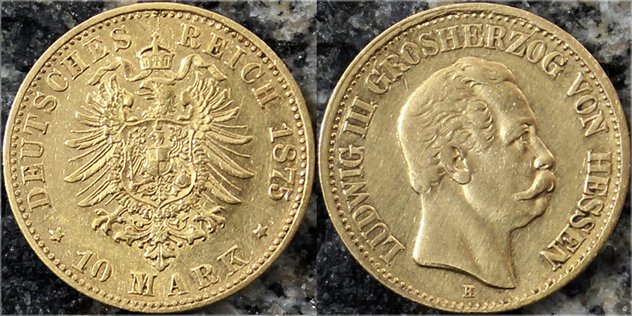 Zlatá mince 10 Marka Ludvík III. Hesenský 1875