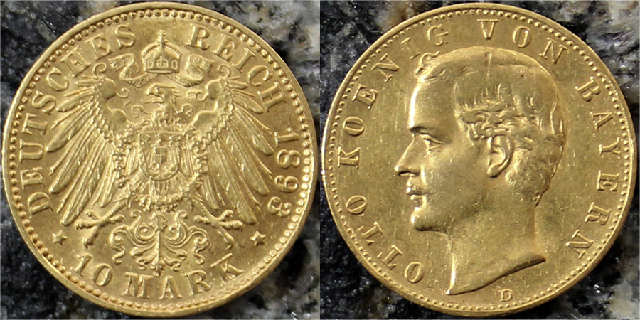 Zlatá minca 10 Marka Ota I. Bavorský 1893