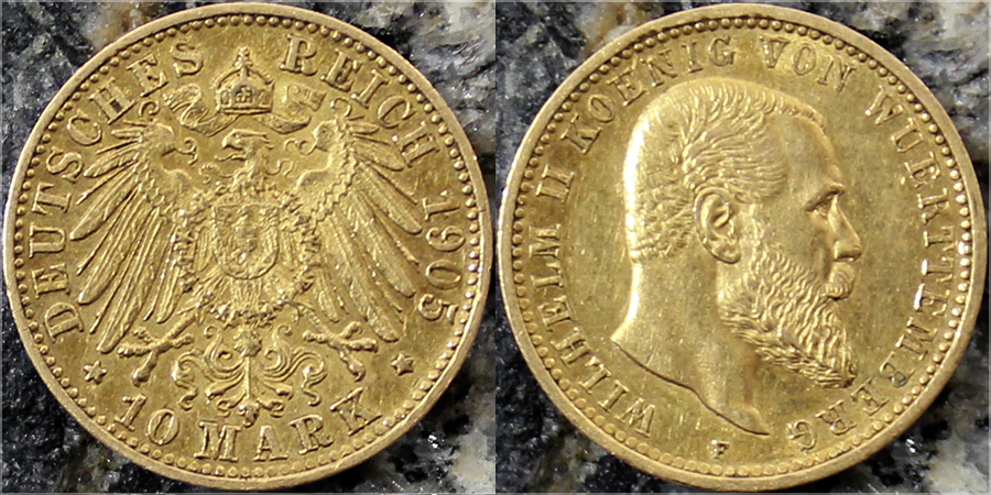 Zlatá minca 10 Marka Vilém II. Württemberský 1905