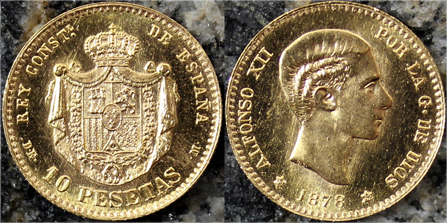 Zlatá mince 10 Pesetas Alfons XII. 1878 (novoražba 1962)