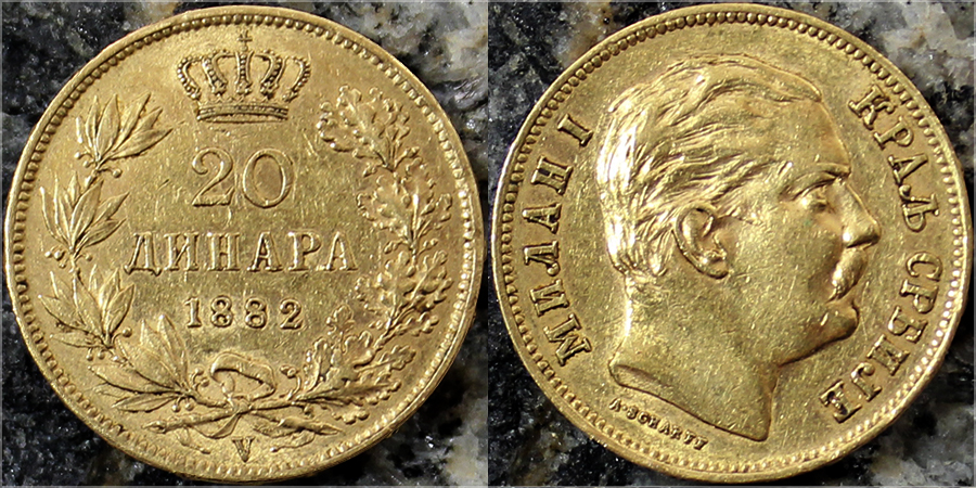 Zlatá mince 20 Dinara Milan I. Obrenović 1882