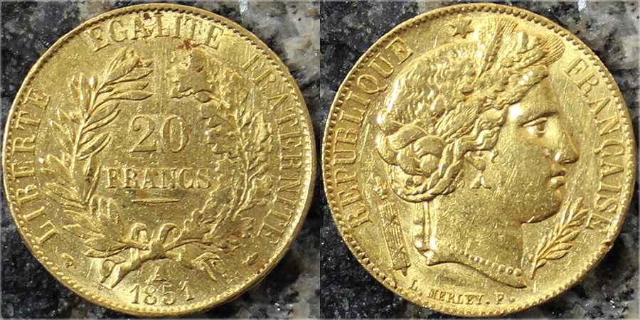 Zlatá mince 20 Frank 1851