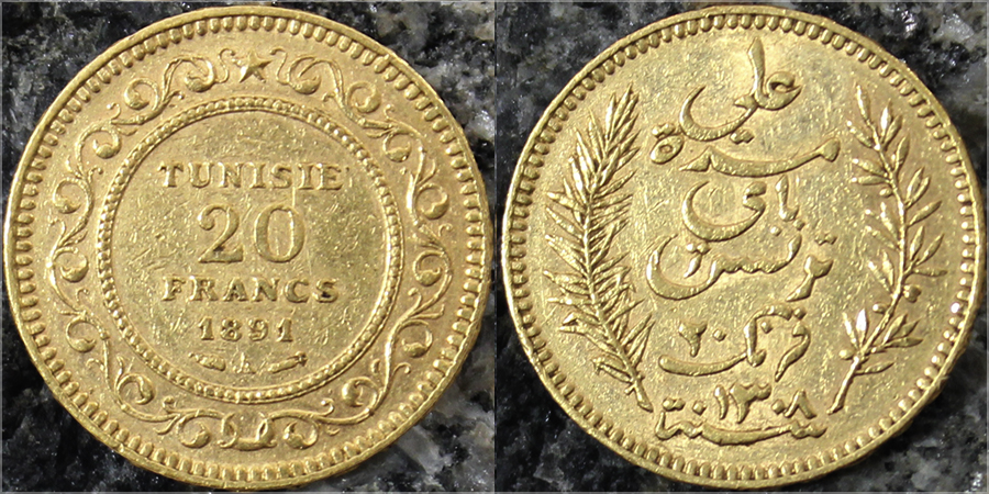 Zlatá mince 20 Frank Alí III ibn al-Husajn 1891