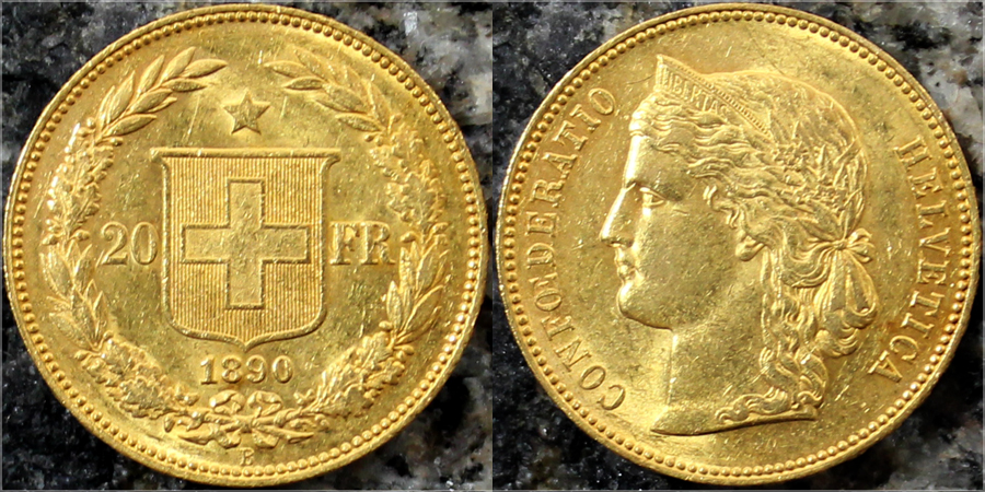 Zlatá mince 20 Frank Helvetia - Libertas 1890