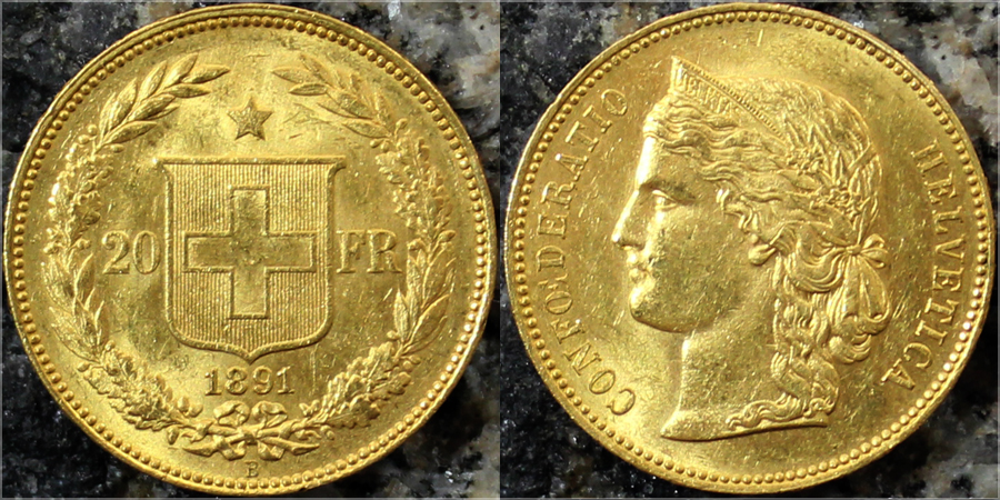 Zlatá mince 20 Frank Helvetia - Libertas 1891