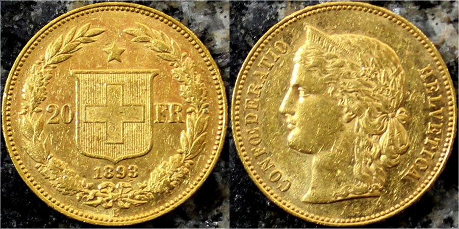 Zlatá mince 20 Frank Helvetia - Libertas 1893