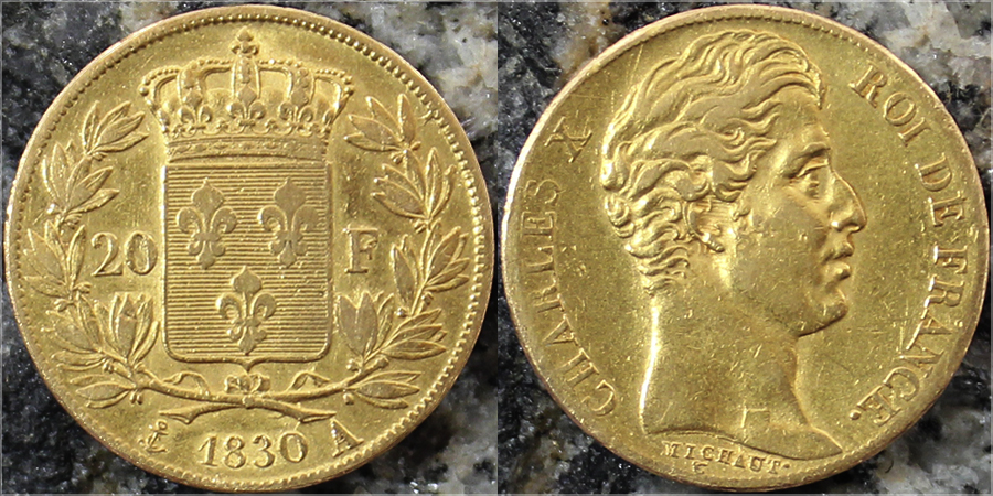 Zlatá mince 20 Frank Karel X. 1830