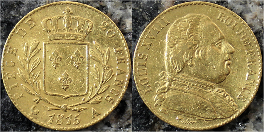 Zadní strana Zlatá minca 20 Frank Ludvík XVIII. 1815