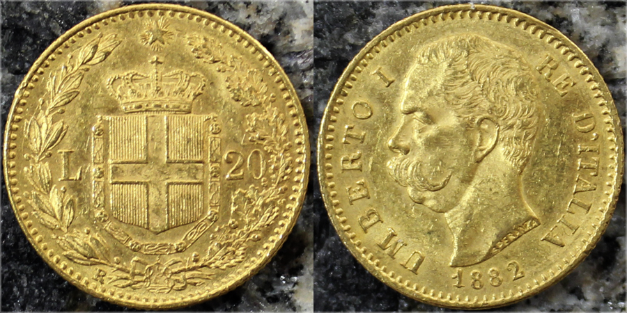 Zlatá mince 20 Lira Umberto I. 1882