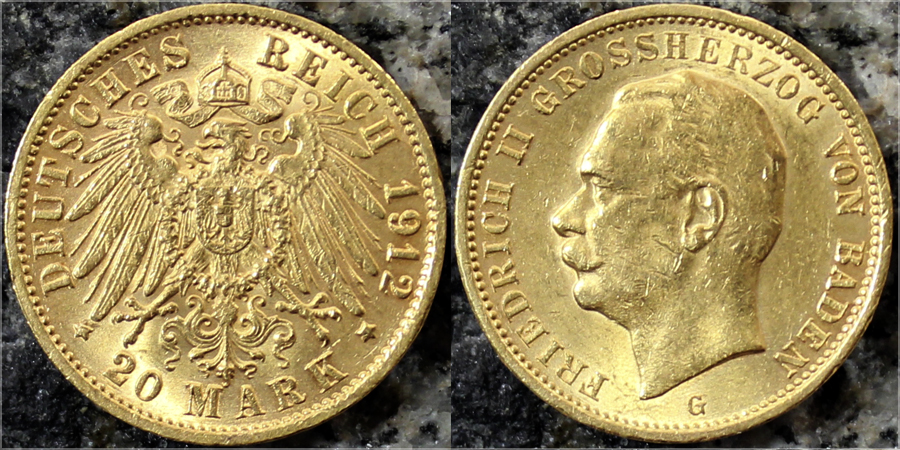Zlatá mince 20 Marka Fridrich II. Bádenský 1912