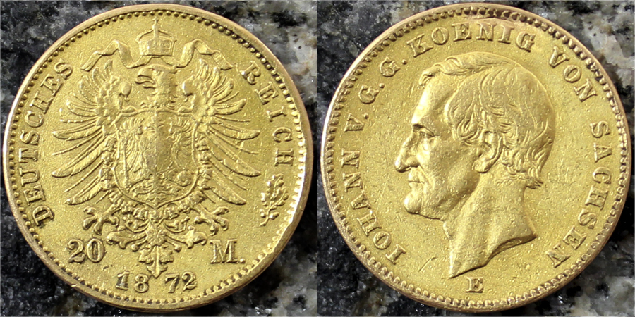 Zlatá mince 20 Marka Jan I. Saský 1872