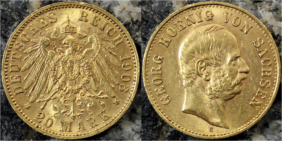 Zlatá mince 20 Marka Jiří I. Saský 1903
