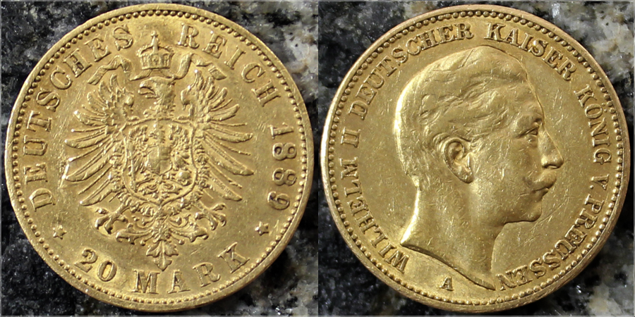 Zlatá mince 20 Marka Vilém II. Pruský 1889