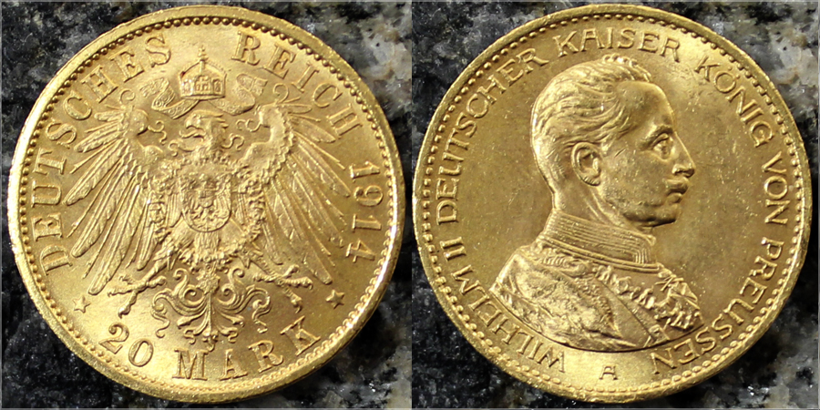 Zlatá mince 20 Marka Vilém II. Pruský 1914