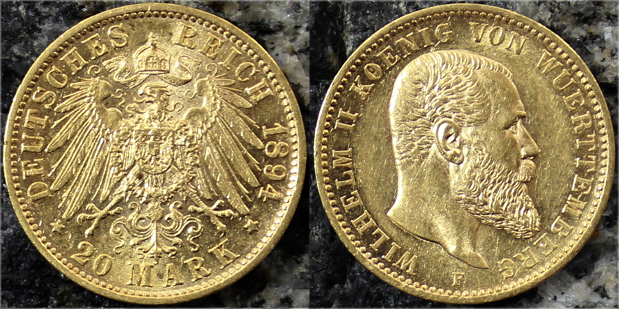 Zlatá mince 20 Marka Vilém II. Württemberský 1894