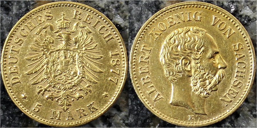 Zlatá mince 5 Marka Albert I. Saský 1877