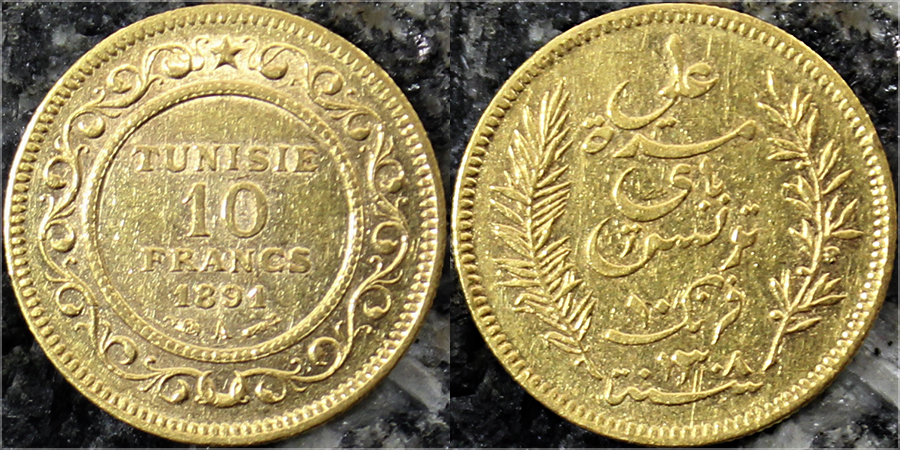 Zlatá mince 10 Frank Alí III ibn al-Husajn 1891