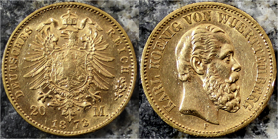 Zlatá mince 20 Marka Karel I. Württemberský 1873