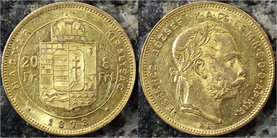 Zlatá minca Osemzlatník Františka Jozefa I. 20 Frankov 8 Forintů 1878