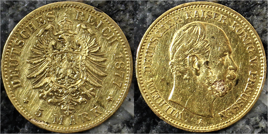 Zlatá mince 5 Marka Vilém I. Pruský 1877
