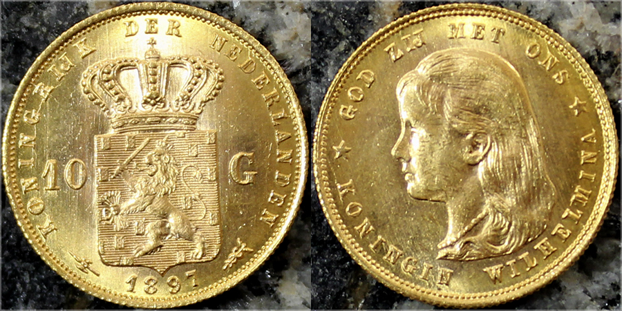 Zadní strana Zlatá minca 10 Gulden Vilemína Nizozemská 1897