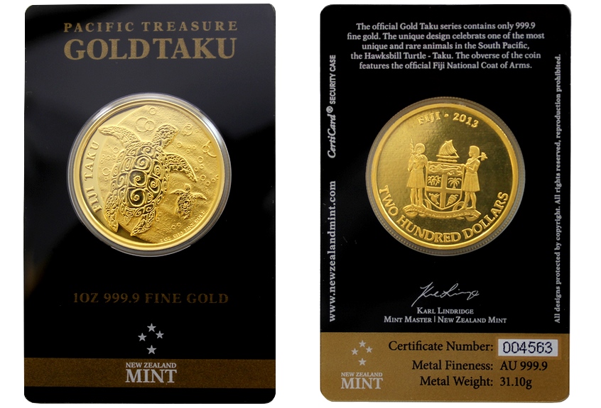 Zlatá investiční mince Fiji Taku Hawksbill Turtle - Kareta pravá 1 Oz