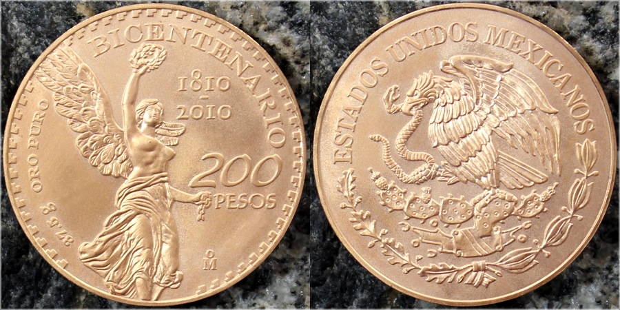Zadní strana Zlatá investičná minca Mexico Bicentenario 200. výročie 2010