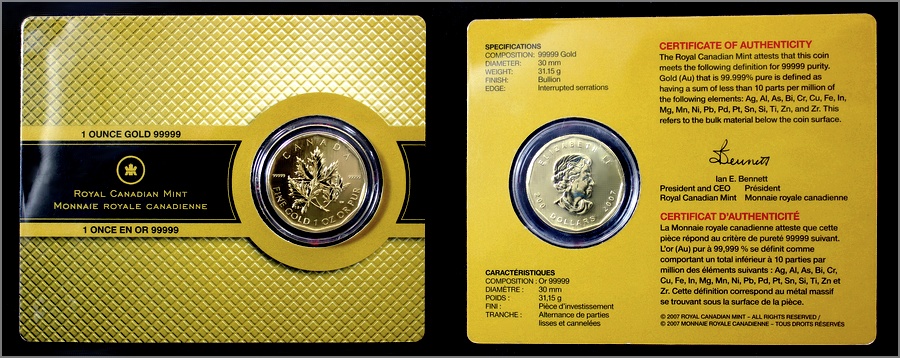 Zlatá investiční mince Maple Leaf 1 Oz 2007 (.99999)