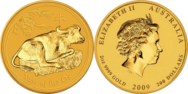 Zlatá investičná minca Year of the Ox Rok Byvola Lunárny2 Oz 2009