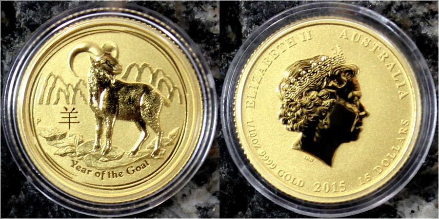 Zlatá investičná minca Year of the Goat Rok Kozy Lunárny 1/10 Oz 2015