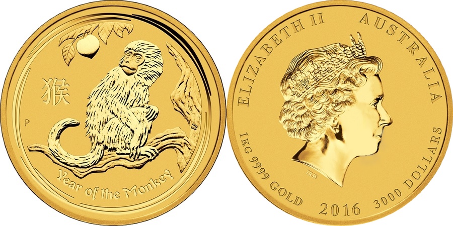 Zlatá investiční mince Year of the Monkey Rok Opice Lunární 1 Kg 2016