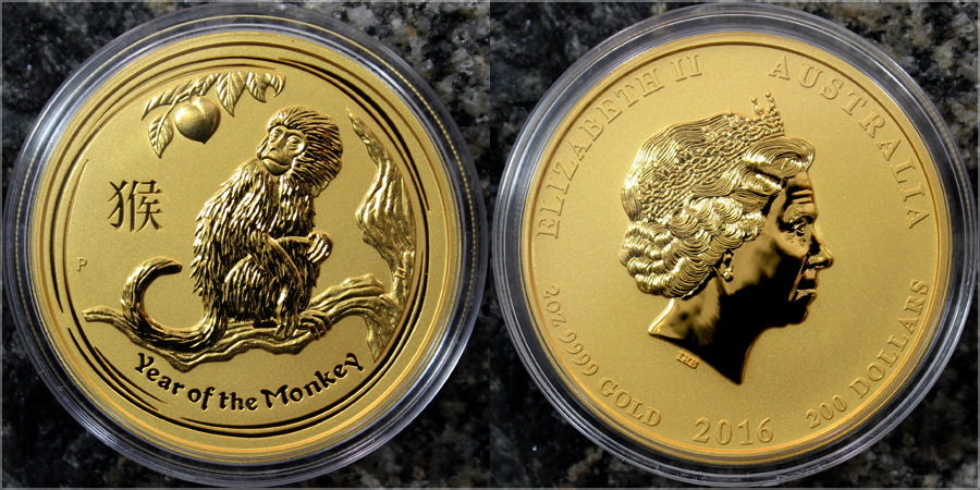 Zlatá investiční mince Year of the Monkey Rok Opice Lunární 2 Oz 2016