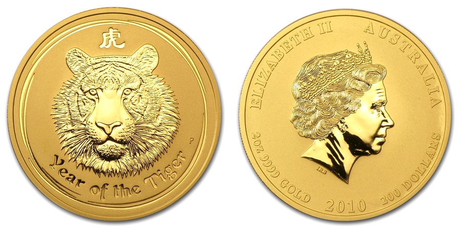 Zlatá investiční mince Year of the Tiger Rok Tygra Lunární 2 Oz 2010