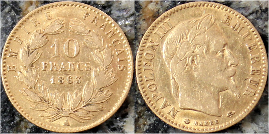Zlatá mince 10 Frank Napoleon III. 1863 A