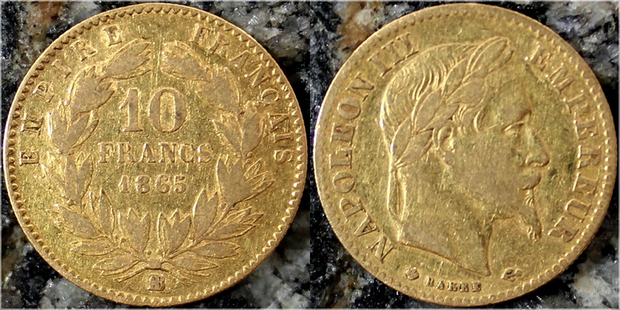 Zlatá mince 10 Frank Napoleon III. 1865 BB