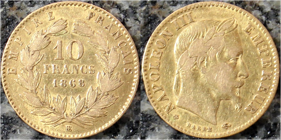 Zlatá mince 10 Frank Napoleon III. 1868 BB