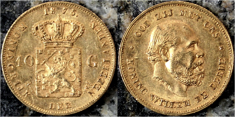 Zlatá mince 10 Gulden Vilém III. Nizozemský 1875