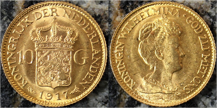 Zadní strana Zlatá mince 10 Gulden Vilemína Nizozemská 1917